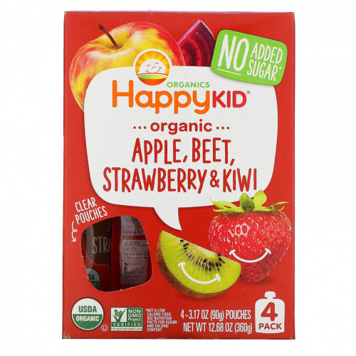 Happy Family Organics, Happy Kid, органическое яблоко, свекла, клубника и киви, 4 пакетика по 90 г (3,17 унции)