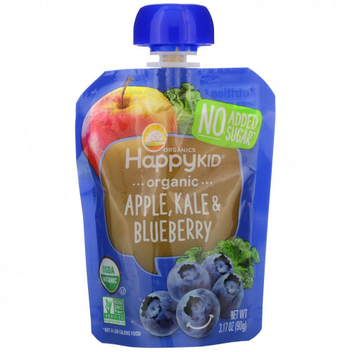 Happy Family Organics, Happy Kid, органическое яблоко, капуста и голубика, 4 пакетика по 90 г (3,17 унции)