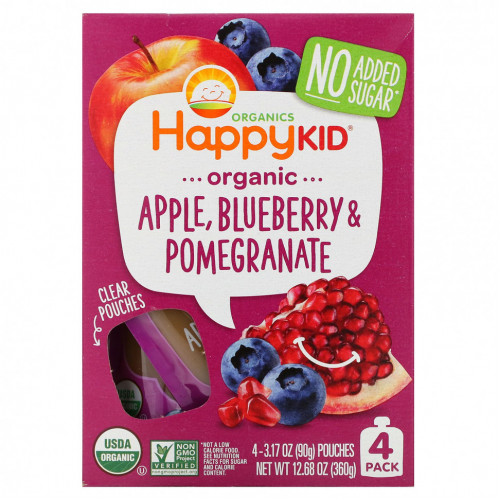 Happy Family Organics, Happy Kid, Organic Apple, Blueberry & Pomegranate, 4 Pouches, 3.17 oz (90 g) Each