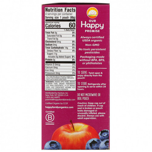 Happy Family Organics, Happy Kid, Organic Apple, Blueberry & Pomegranate, 4 Pouches, 3.17 oz (90 g) Each