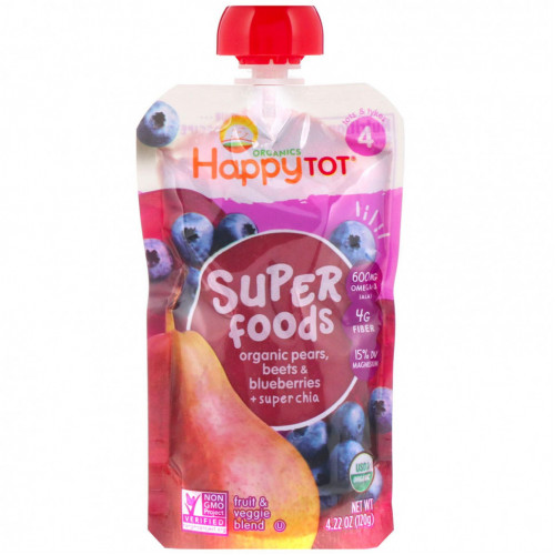 Happy Family Organics, Organic Happy Tot, Super Foods, органические груши, свекла, голубика и суперчиа, этап 4, 4 пакетика, 120 г (4,22 унции)