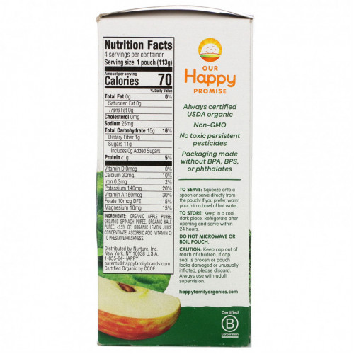 Happy Family Organics, Happy Baby, органический продукт, для детей от 6 месяцев, яблоки, шпинат и капуста, 4 пакетика по 113 г (4 унции)