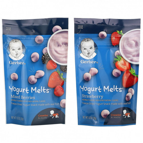 Gerber, Yogurt Melts, снек для малышей от 8 месяцев, с клубникой и ягодами, 4 упаковки по 28 г (1 унция)