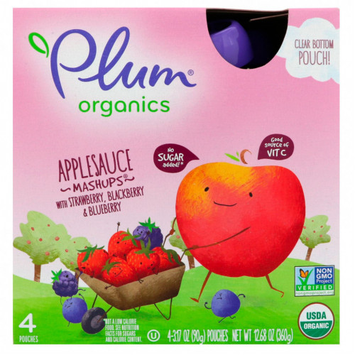 Plum Organics, Organic Applesauce Mashups with Strawberry, Blackberry & Blueberry , 4 Pouches, 3.17 oz (90 g) Each