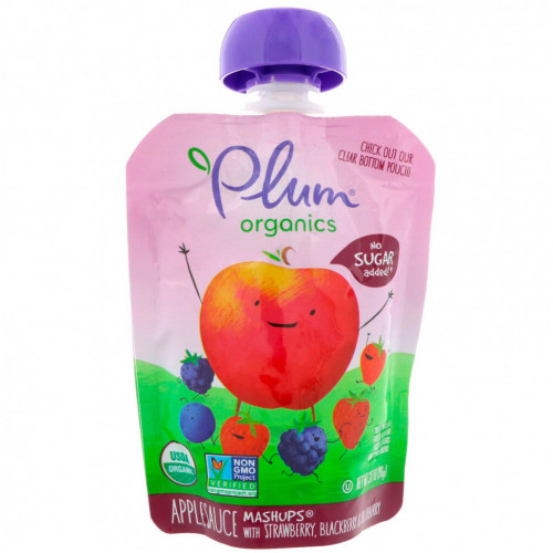 Plum Organics, Organic Applesauce Mashups with Strawberry, Blackberry & Blueberry , 4 Pouches, 3.17 oz (90 g) Each