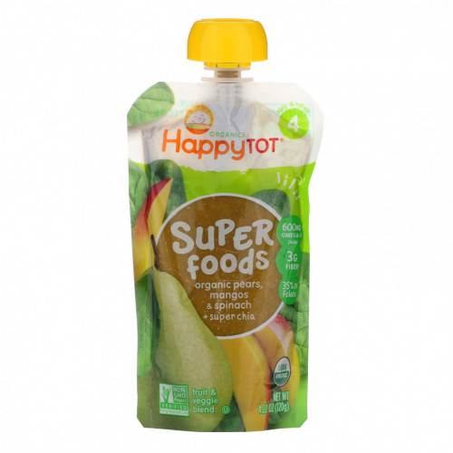 Happy Family Organics, HappyTot, SuperFoods, органические груши, манго, шпинат и супер чиа, 120 г (4,22 унции)