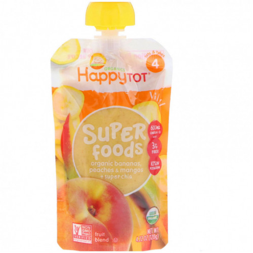 Happy Family Organics, HappyTot, Organic SuperFoods, Bananas, Peaches & Mangos + Super Chia, 4.22 oz (120 g)