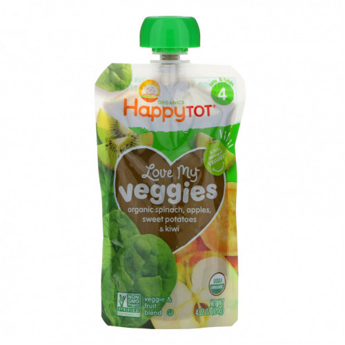 Happy Family Organics, Organics Happy Tot, «Вкусные овощи», органическое пюре из шпината, яблок, батата и киви, 120 г