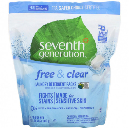 Seventh Generation, Пакеты с моющим средством для стирки, бесплатные и прозрачные, 45 упаковок, 31,7 унции (1,98 фунта)