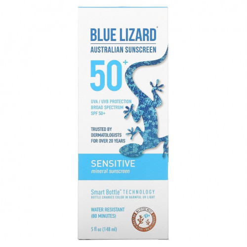 Blue Lizard Australian Sunscreen, минеральное солнцезащитное средство, SPF 50+, для чувствительной кожи, 148 мл (5 жидк. унций)