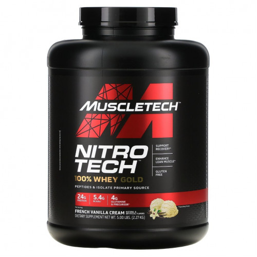 Muscletech, Nitro Tech, 100% Whey Gold, смесь сывороточных пептидов и изолята, французская ваниль, 2,27 кг (5 фунтов)