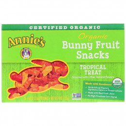 Annie's Homegrown, Organic Bunny Fruit Snacks, тропическое лакомство, 5 пакетиков по 23 г (0,8 унции) каждый