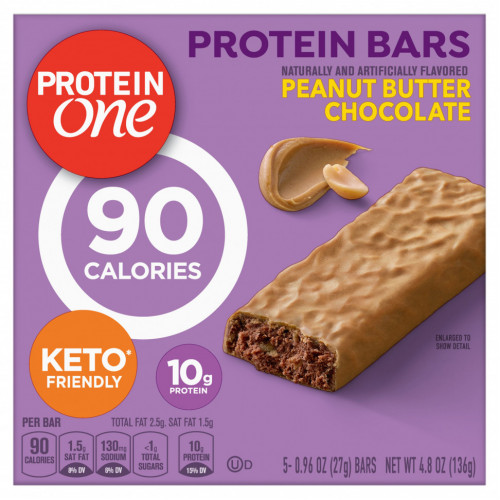 Protein One, Protein Bars, шоколад с арахисовой пастой, 5 батончиков, 27 г (0,96 унции)