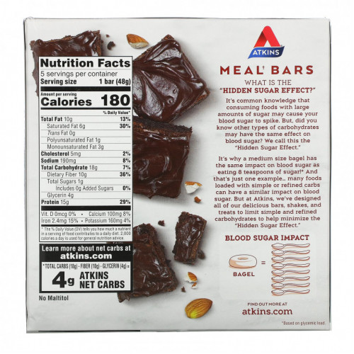 Atkins, Protein Meal Bar, шоколадный батончик с двойной помадкой, 5 батончиков, 48 г (1,69 унции)