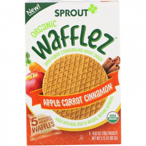 Sprout Organic, Вафли Wafflez, яблоко, морковь и корица, 5 упаковок, 18 г