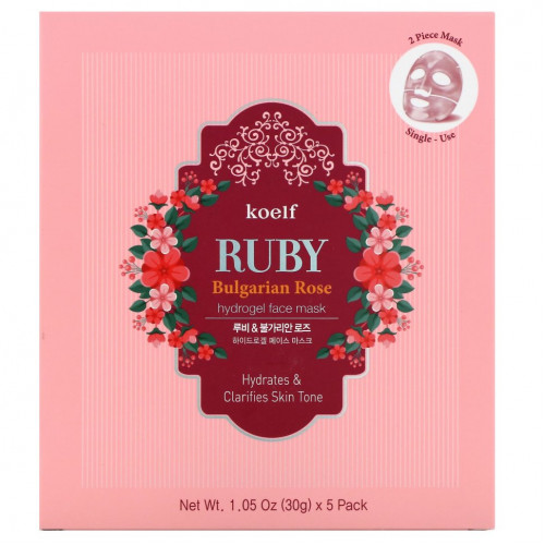 Koelf, Ruby Bulgarian Rose, упаковка гидрогелевых масок для лица с рубином и розой, 5 шт. по 30 г (1,05 унции)