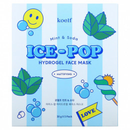 Koelf, Гидрогелевая маска для лица Ice-Pop, с мятой и содовой, 5 шт., 30 г