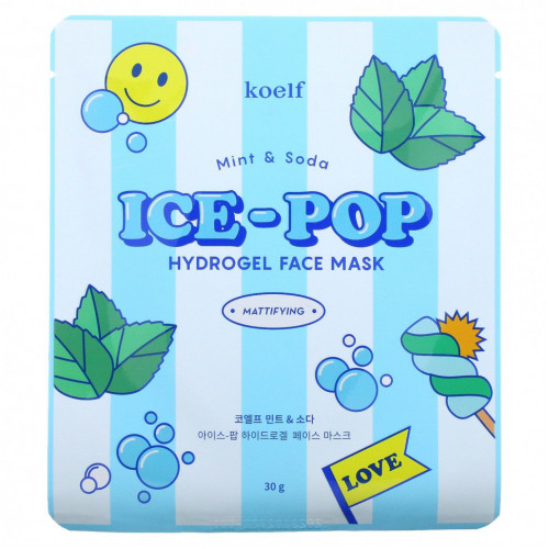 Koelf, Гидрогелевая маска для лица Ice-Pop, с мятой и содовой, 5 шт., 30 г