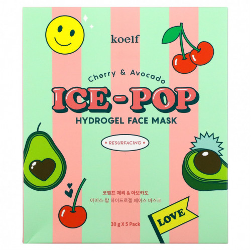 Koelf, Гидрогелевая маска для лица Ice-Pop, с вишней и авокадо, 5 шт., 30 г