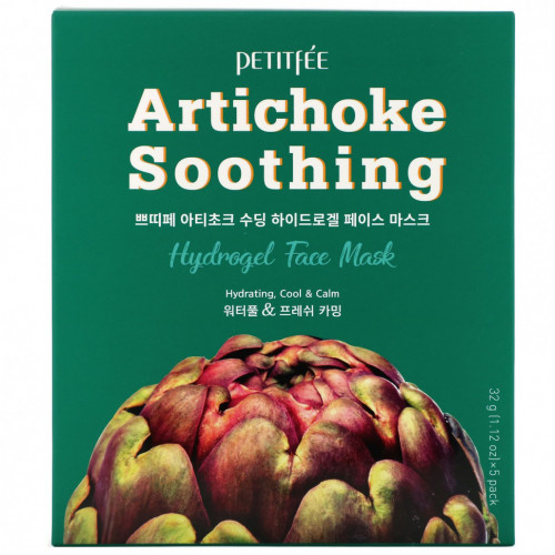 Petitfee, Artichoke Soothing, успокаивающая гидрогелевая маска для лица с артишоком, 5 шт., по 32 г (1,12 унции)