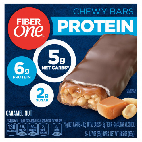 Fiber One, Protein Chewy Bars, батончики с карамелью, 5 батончиков, 33 г (1,17 унции)