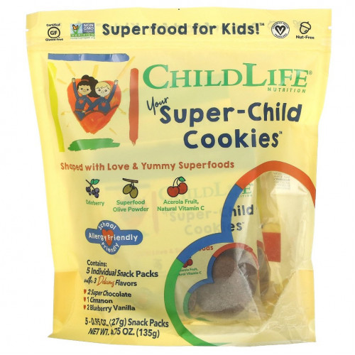 ChildLife, Your Super-Child Cookies, печенье, ассорти вкусов, 5 индивидуальных упаковок со снеками, по 27 г (0,95 унции)