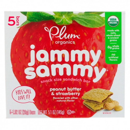 Plum Organics, Органические батончики Jammy Sammy,арахисовая паста и клубника, 5 батончиков по 29 г шт. (1.02 oz)