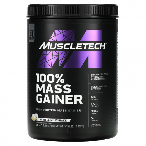 Muscletech, 100% Mass Gainer, ванильный молочный коктейль, 2,33 кг (5,15 фунта)