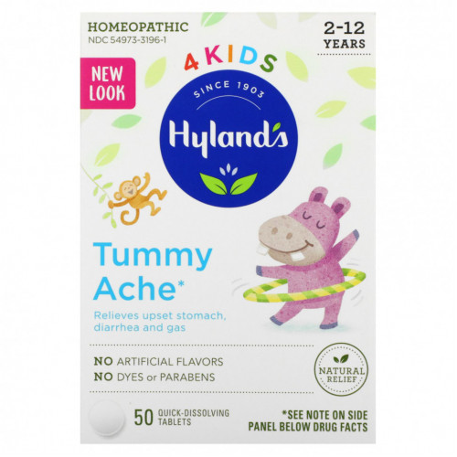 Hyland's, 4Kids, Tummy Ache, Ages 2-12, 194 mg, 50 Quick-Dissolving Tablets