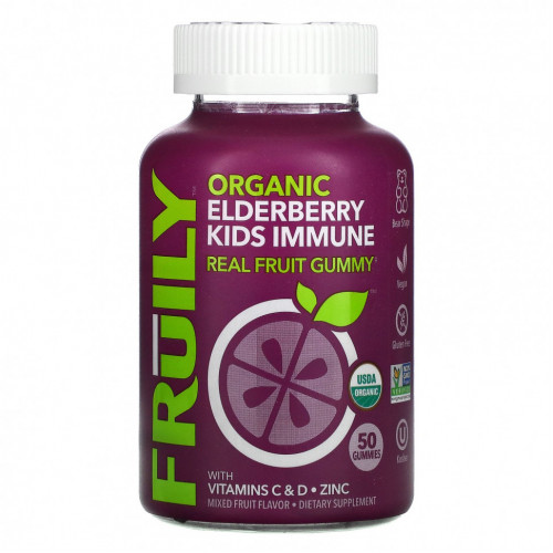 Fruily, Organic Elderberry Kids Immune, With Vitamins C & D, Zinc, Mixed Fruit, 50 Gummies