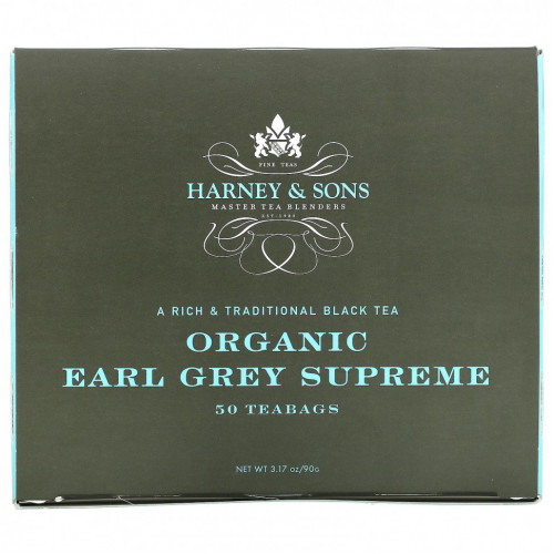 Harney & Sons, A Rich & Traditional Black Tea, Органический Earl Grey Supreme, 50 чайных пакетиков, 3,17 унции (90 г)