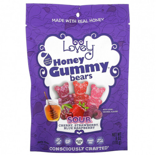 Lovely Candy, Honey Gummy Bears, вишня, клубника, голубая малина, 170 г (6 унций)