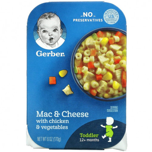 Gerber, Макароны и сыр с курицей и овощами, от 12 месяцев, 170 г (6 унций)