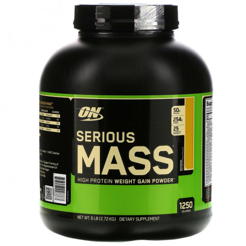 Optimum Nutrition, Serious Mass, порошок для набора веса (гейнер) с высоким содержанием протеина, вкус банан, 2720 г (6 lb)