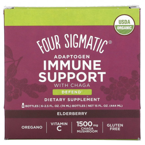 Four Sigmatic, Adaptogen Immune Support с чагой, бузиной, 6 флаконов по 74 мл (2,5 жидк. Унции)