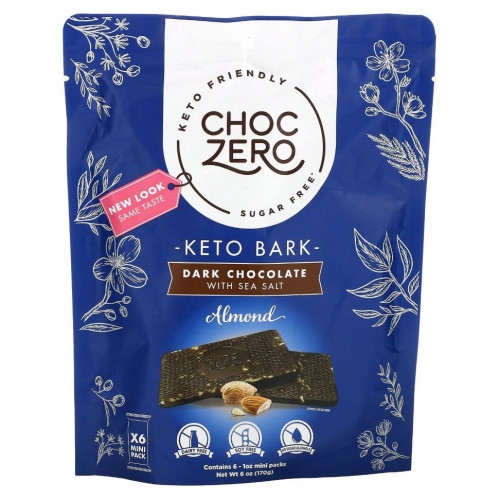 ChocZero, черный шоколад с морской солью, миндаль, без сахара, 6 мини-плиток, по 28 г (1 унции)