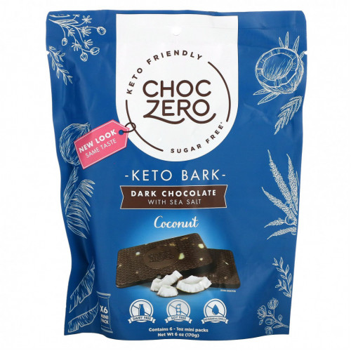 ChocZero, черный шоколад с морской солью, кокос, без сахара, 6 мини-плиток, по 28 г (1 унции)