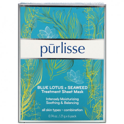 Purlisse, Blue Lotus + Seaweed, Treatment Sheet Mask, 6 Masks, 0.74 oz (21 g) Each