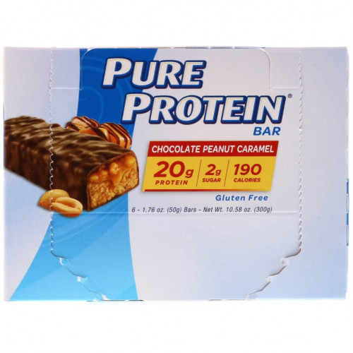 Pure Protein, Батончики с арахисом, шоколадом и карамелью, 6 батончиков, 1,76 унц. (50 г)