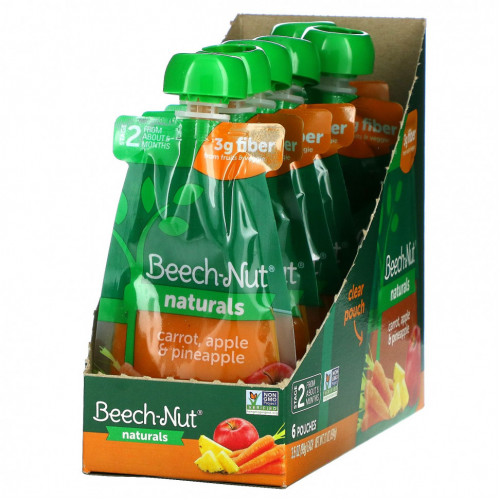 Beech-Nut, Naturals, Stage 2, морковь, яблоко и ананас, 6 пакетиков по 99 г (3,5 унции)