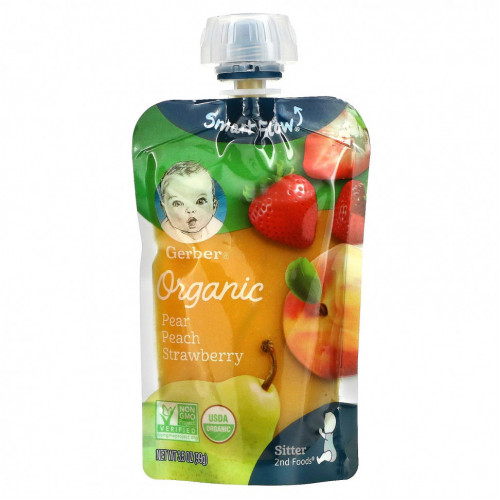 Gerber, Smart Flow, органический продукт, груша, персик, клубника, 6 пакетиков по 99 г (3,5 унции)