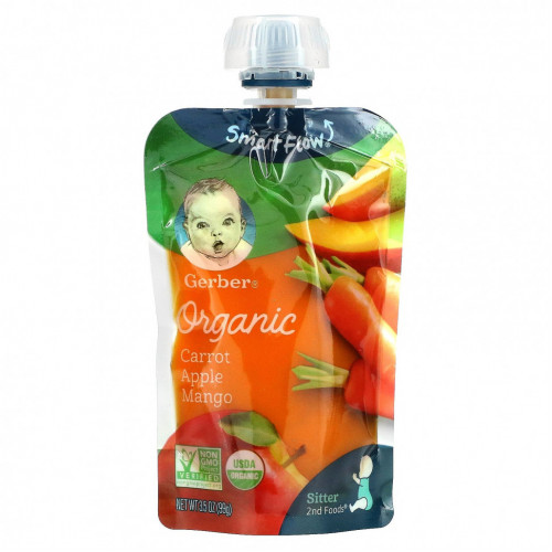 Gerber, Smart Flow, органическая морковь, яблоко, манго, 6 пакетиков по 99 г (3,5 унции)