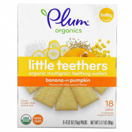 Plum Organics, Little Teethers, органические мультизерновые вафли для прорезывания зубов, банан и тыква, 6 пакетиков, по 15 г (0,52 унции)