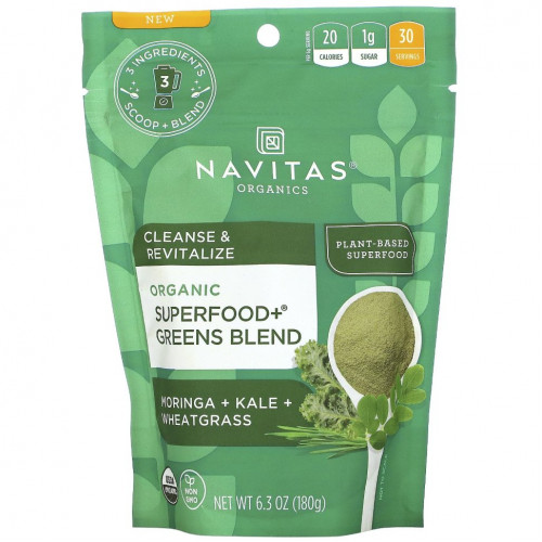 Navitas Organics, Organic Superfood+ Greens Blend, Moringa + Kale + Wheatgrass, 6.3oz (180 g)