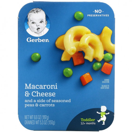 Gerber, Macaroni & Cheese and a Side of Seasoned Peas & Carrots, Toddler, 12+ Months, 6.6 oz (187 g)