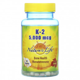 Nature's Life, K-2, менатетренон, 5 000 мкг, 60 таблеток