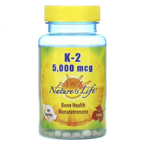 Nature's Life, K-2, менатетренон, 5 000 мкг, 60 таблеток