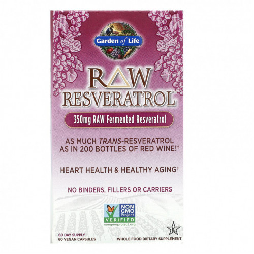 Garden of Life, RAW Resveratrol, 350 мг, 60 веганских капсул