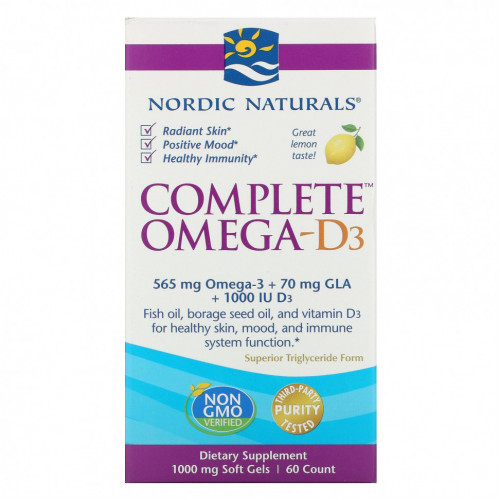 Nordic Naturals, Комплекс Омега-D3, лимон, 500 мг, 60 мягких таблеток