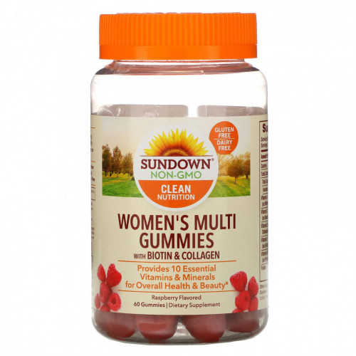 Sundown Naturals, мультивитамины с биотином для женщин, вкус малины, 60 жевательных таблеток